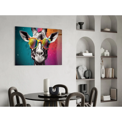 Funky giraffe glass wall art with rainbow sunglasses on vibrant canvas print