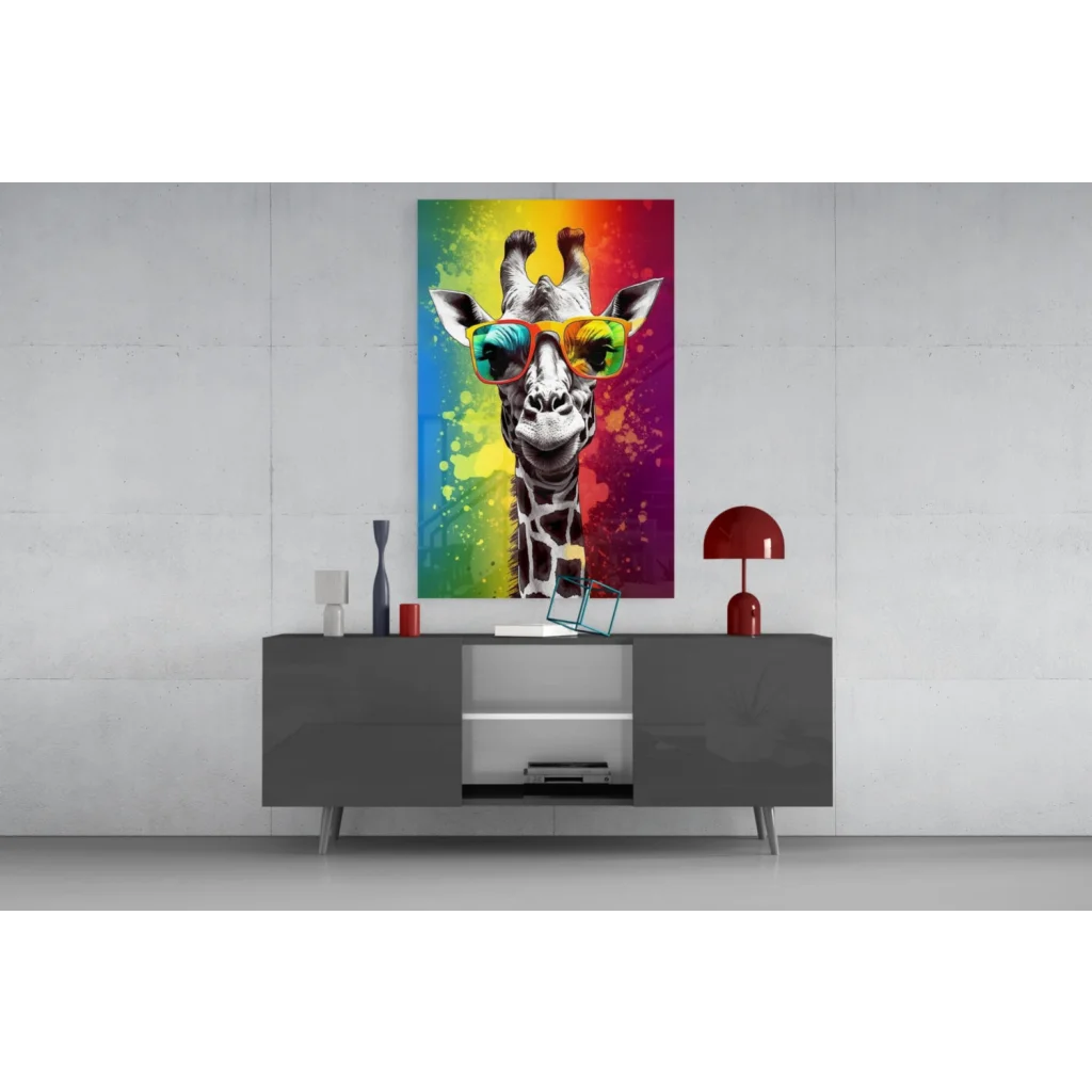 Rainbow giraffe sunglasses glass wall art canvas print
