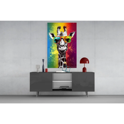 Rainbow giraffe sunglasses glass wall art canvas print