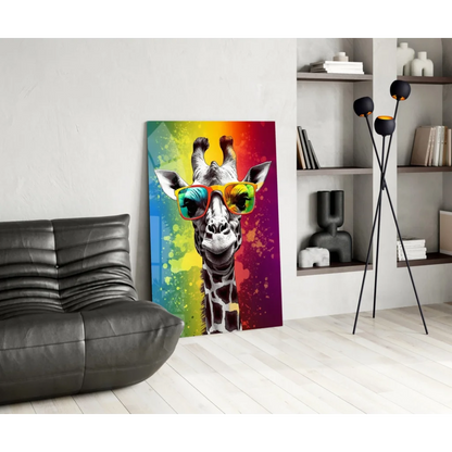 Vibrant rainbow giraffe in sunglasses glass wall art canvas print