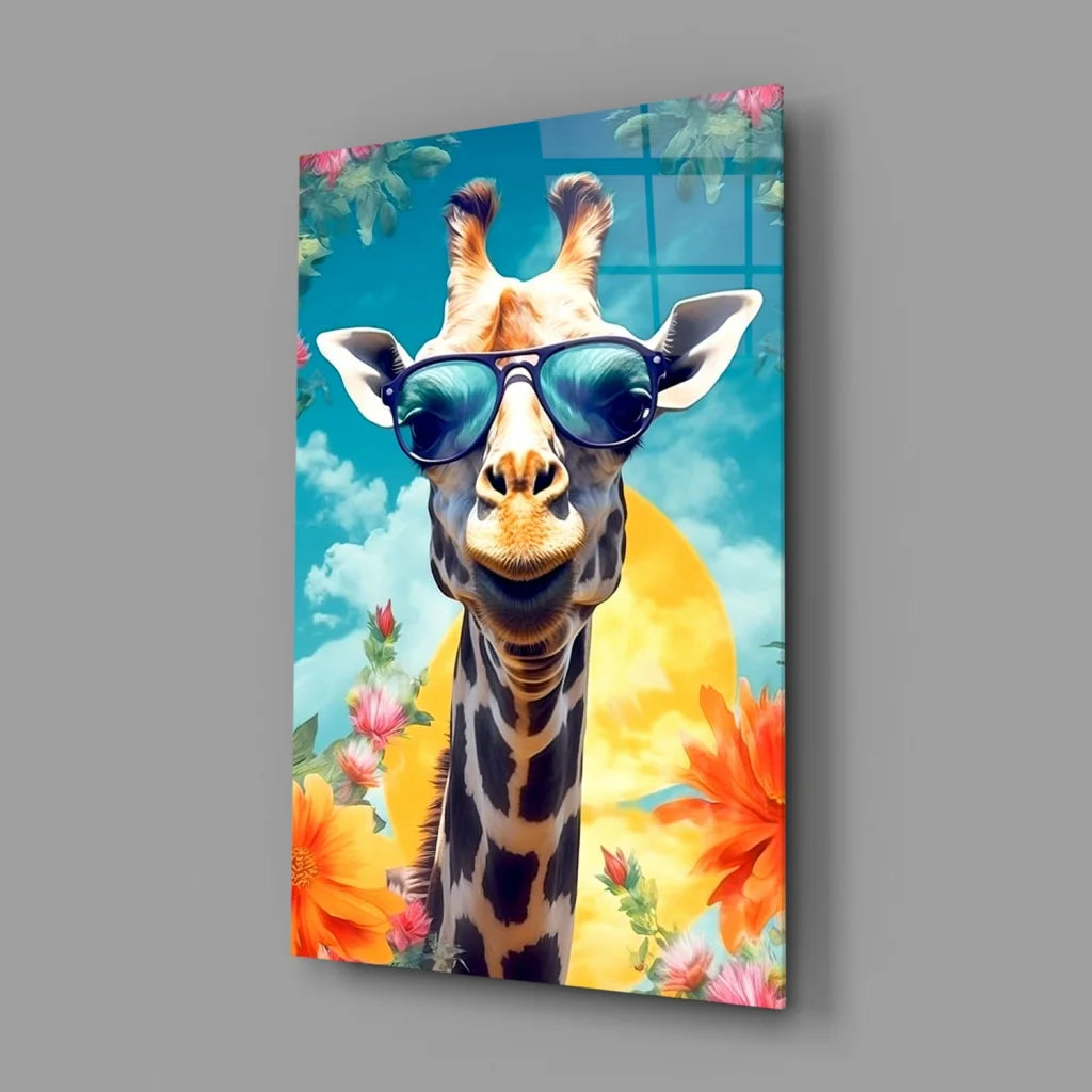 Cool giraffe in blue sunglasses on glass wall art with flowers