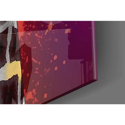 Vibrant magenta red splatters on glossy glass wall art, Rainbow Giraffe Sunglasses print