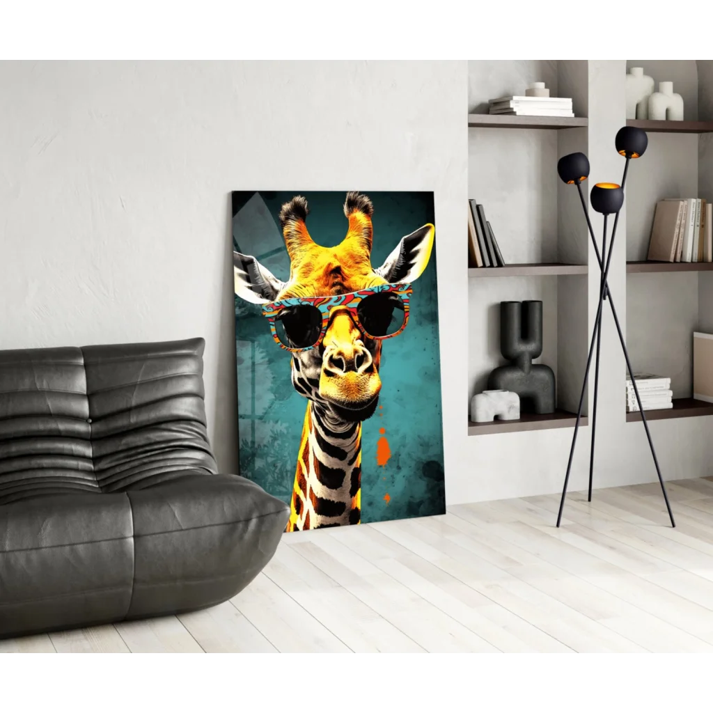 Cool giraffe with sunglasses glass wall art canvas print