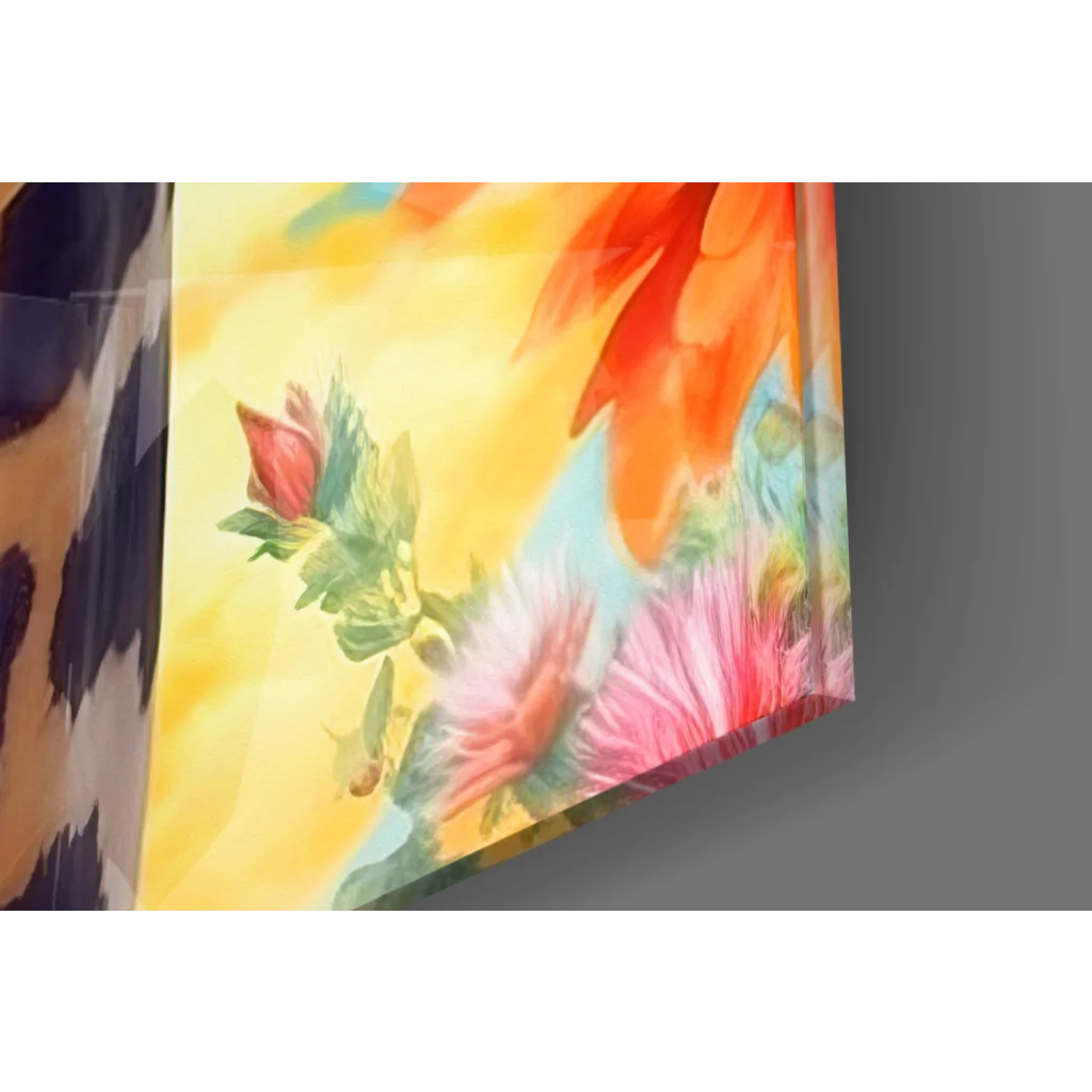 Cool Giraffe glass wall art with sunglasses, vibrant pink orange yellow flowers