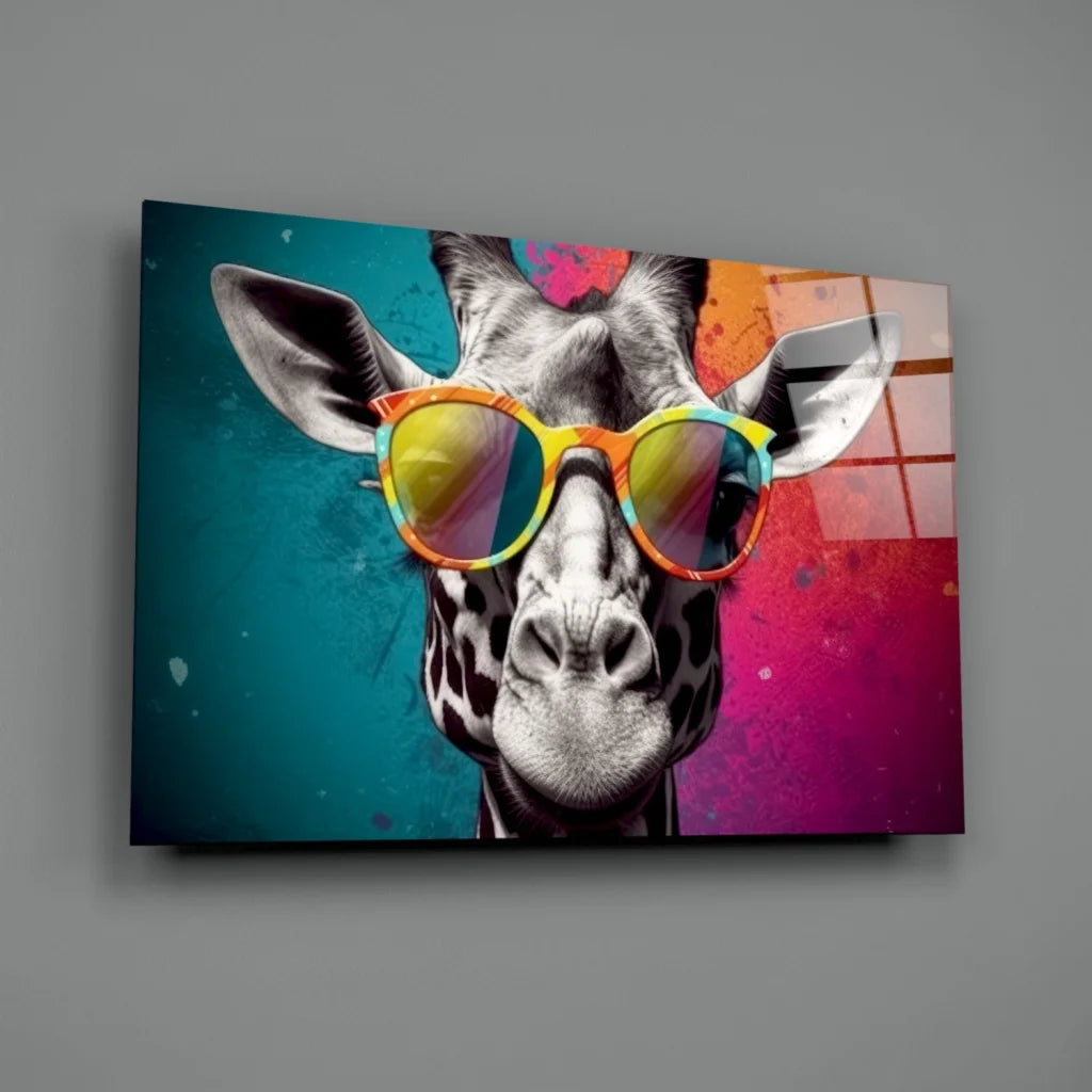 Funky giraffe glass wall art with rainbow sunglasses on teal magenta background