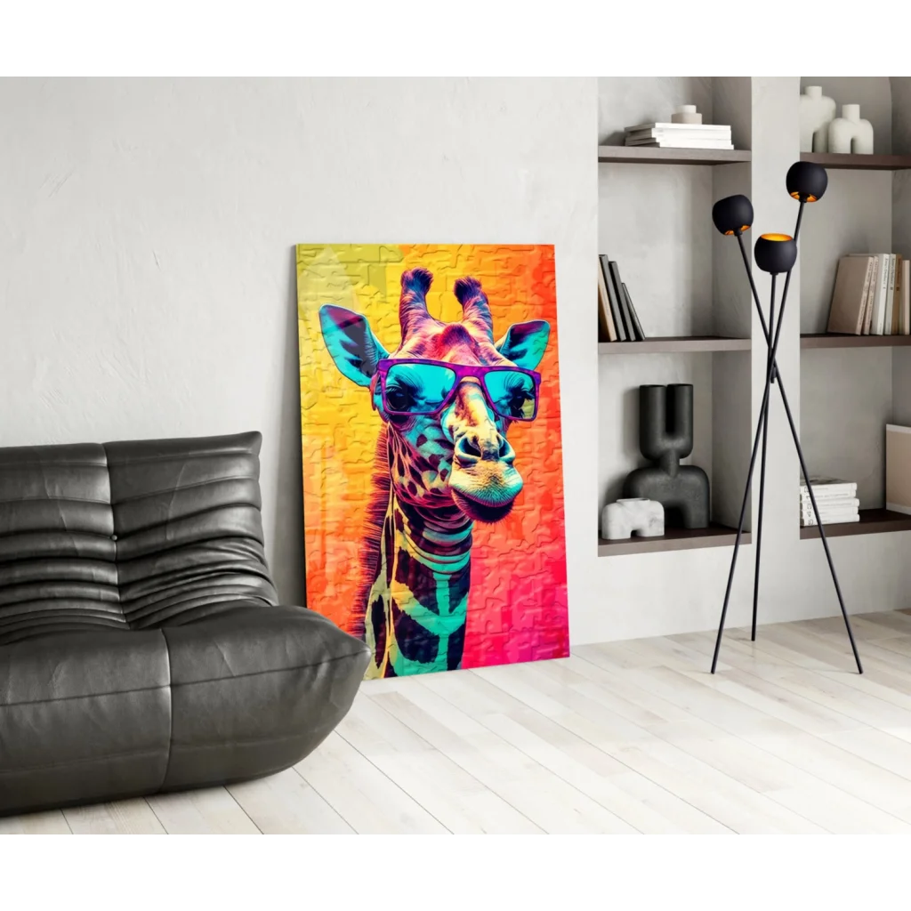 Cool giraffe in sunglasses pop art canvas wall art on vibrant gradient