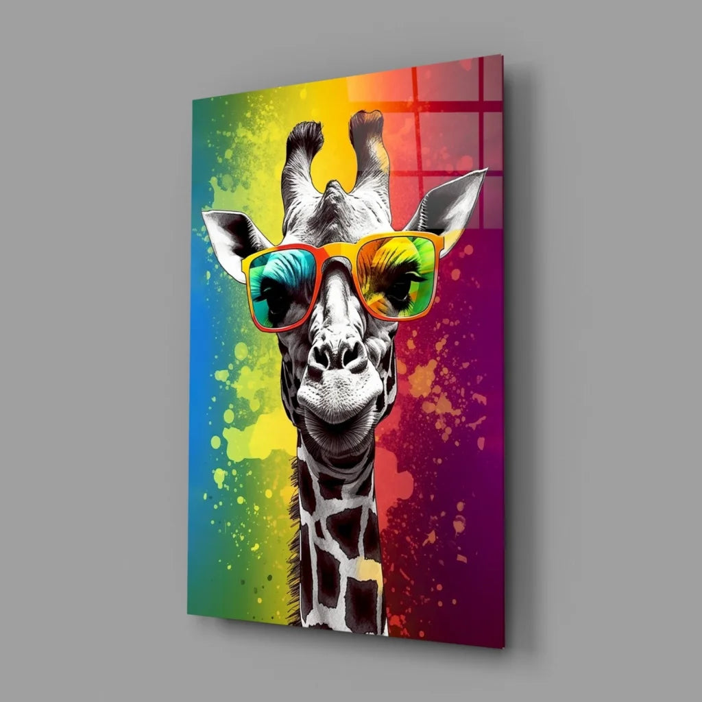 Vibrant rainbow giraffe in colorful sunglasses on glass wall art print