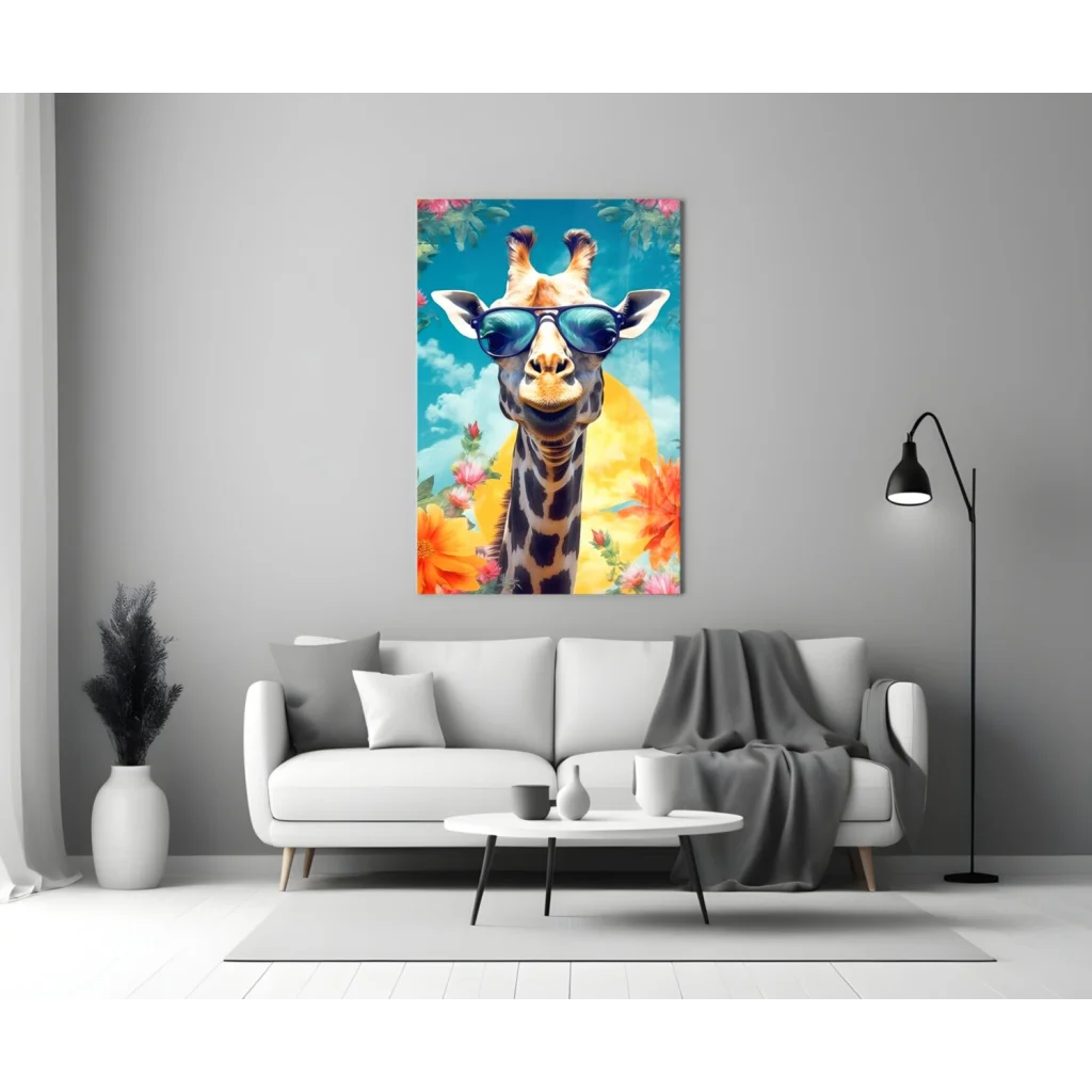 Cool giraffe in sunglasses on vibrant flowers glass wall art