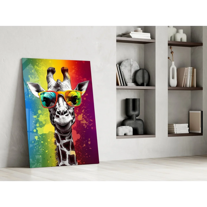 Vibrant rainbow giraffe in sunglasses on glass wall art canvas print