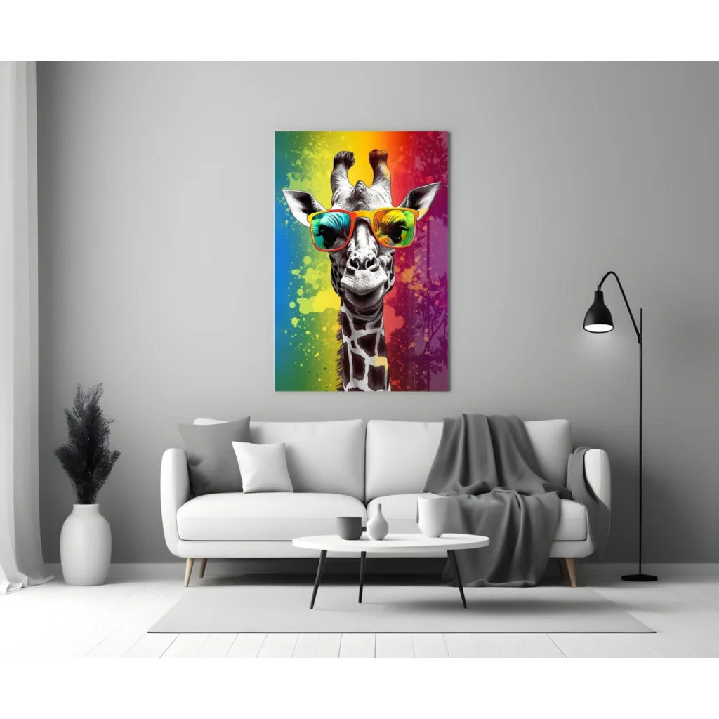 Vibrant rainbow giraffe in colorful sunglasses on glass wall art canvas print