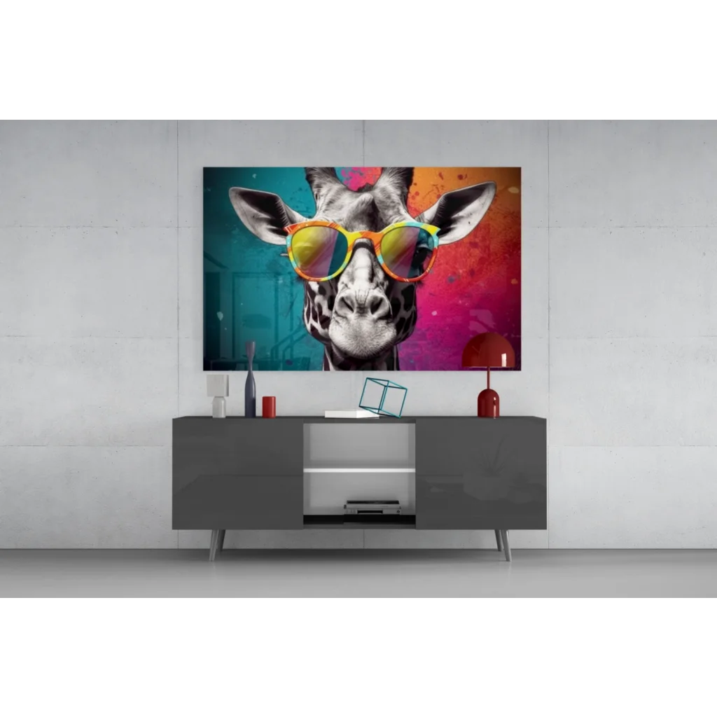 Funky giraffe glass wall art with rainbow sunglasses on vibrant abstract background