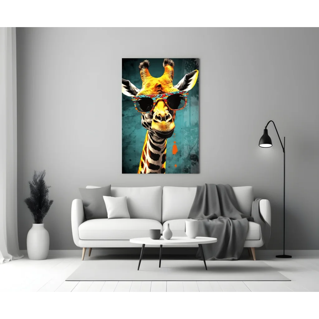 Cool giraffe with sunglasses glass wall art on gray wall