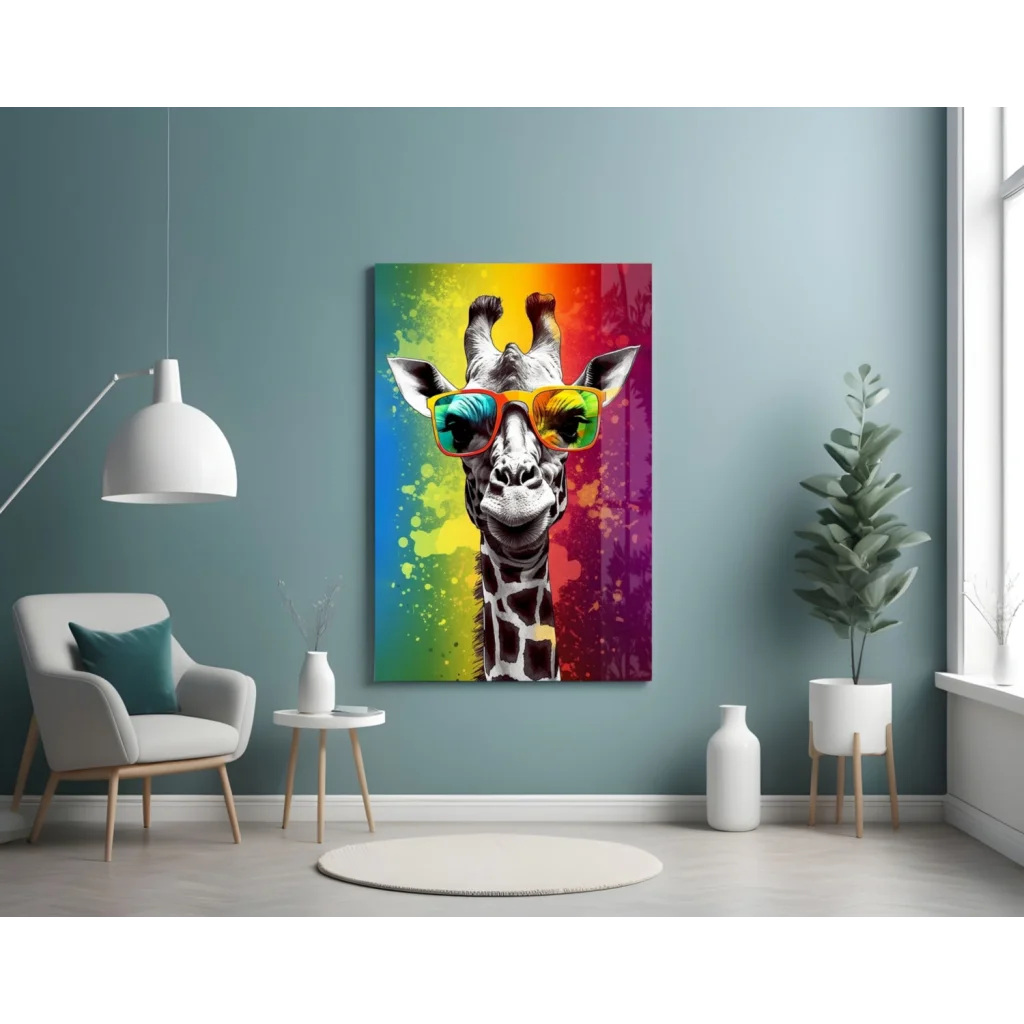 Vibrant rainbow giraffe in sunglasses on glass wall art canvas print