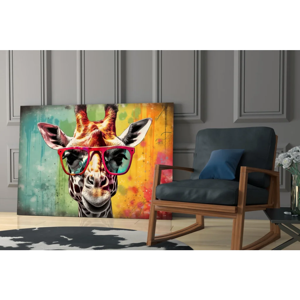 Vibrant giraffe in red sunglasses on glass wall art
