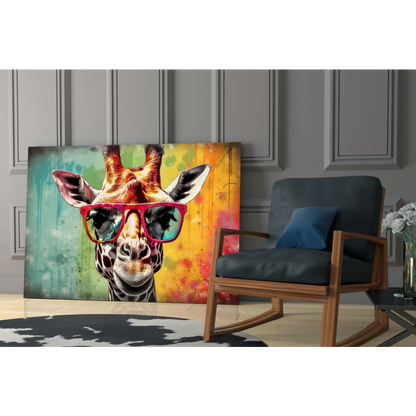 Vibrant giraffe in red sunglasses on glass wall art