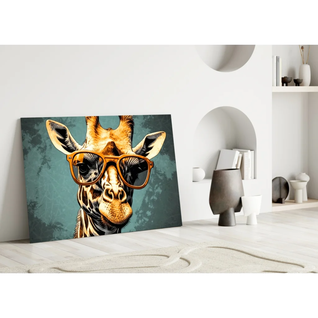 Cool giraffe in orange shades on teal canvas wall art