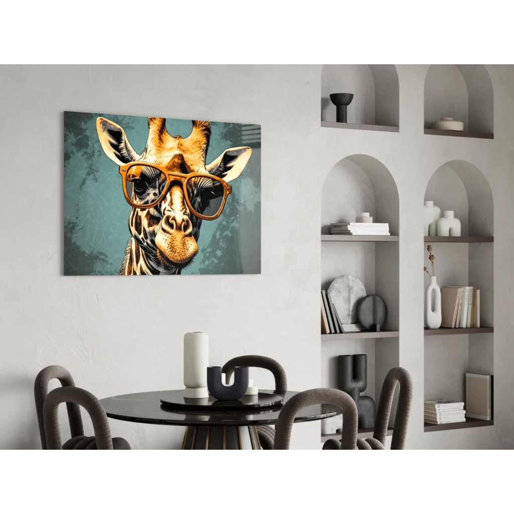 Cool giraffe in shades canvas wall art print on teal background