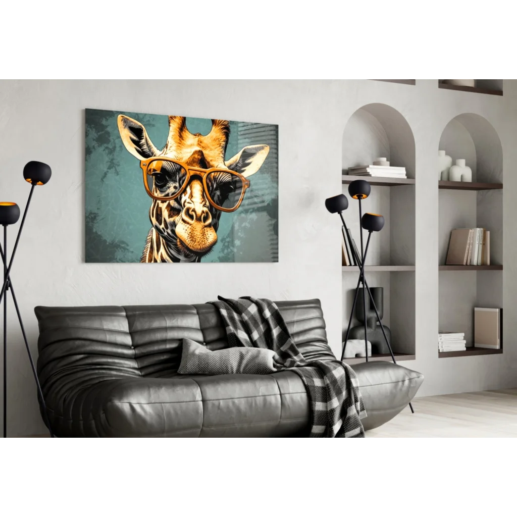 Cool giraffe in shades canvas wall art on teal background
