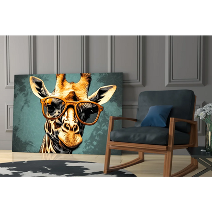 Cool giraffe in shades canvas wall art with teal background