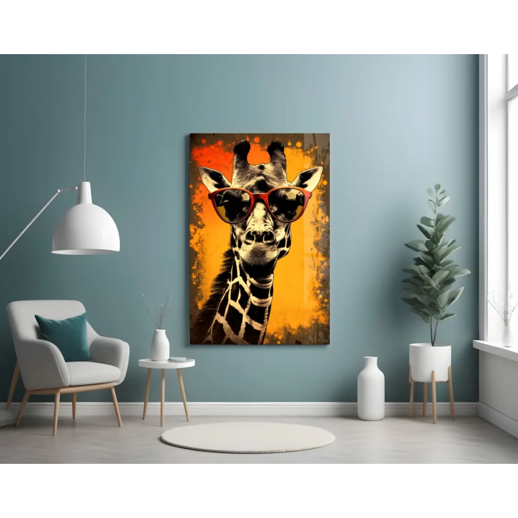 Cool giraffe in shades glass wall art with vibrant orange yellow background