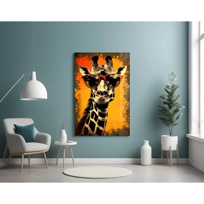 Cool giraffe in shades glass wall art with vibrant orange yellow background
