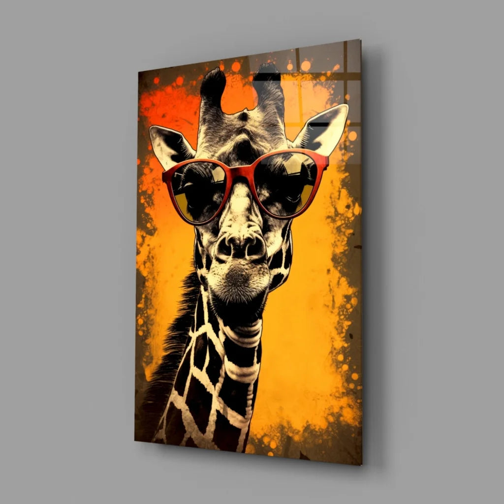 Cool giraffe in red shades glass wall art print