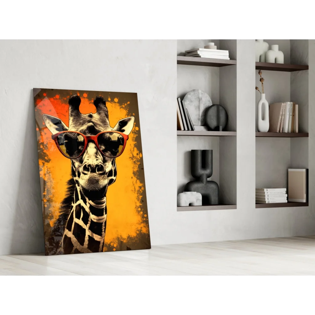 Cool giraffe in shades glass wall art print on canvas