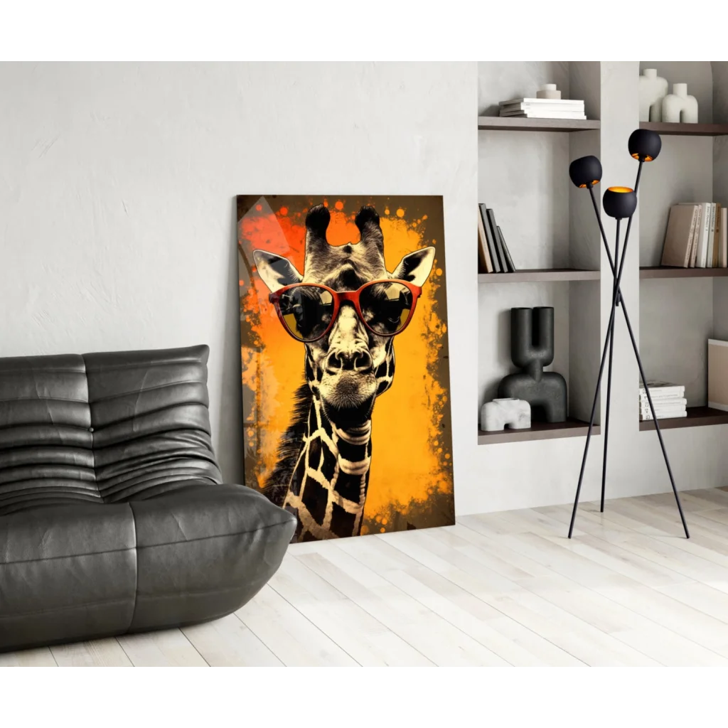 Cool giraffe in shades glass wall art print on orange background