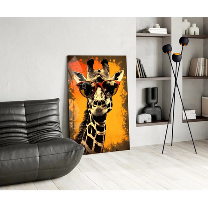 Cool giraffe in shades glass wall art print on orange background