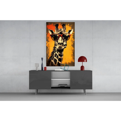 Cool giraffe in shades glass wall art print with skull design