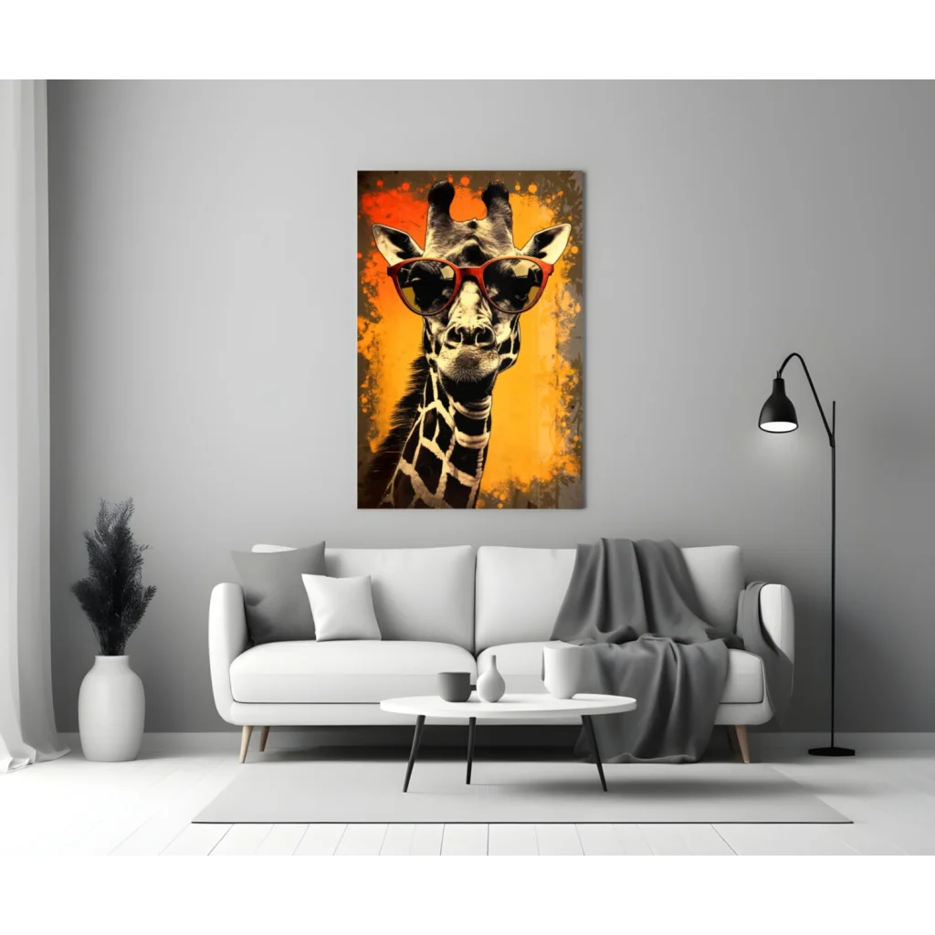 Cool giraffe in shades glass wall art print on orange background