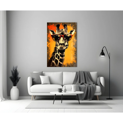 Cool giraffe in shades glass wall art print on orange background