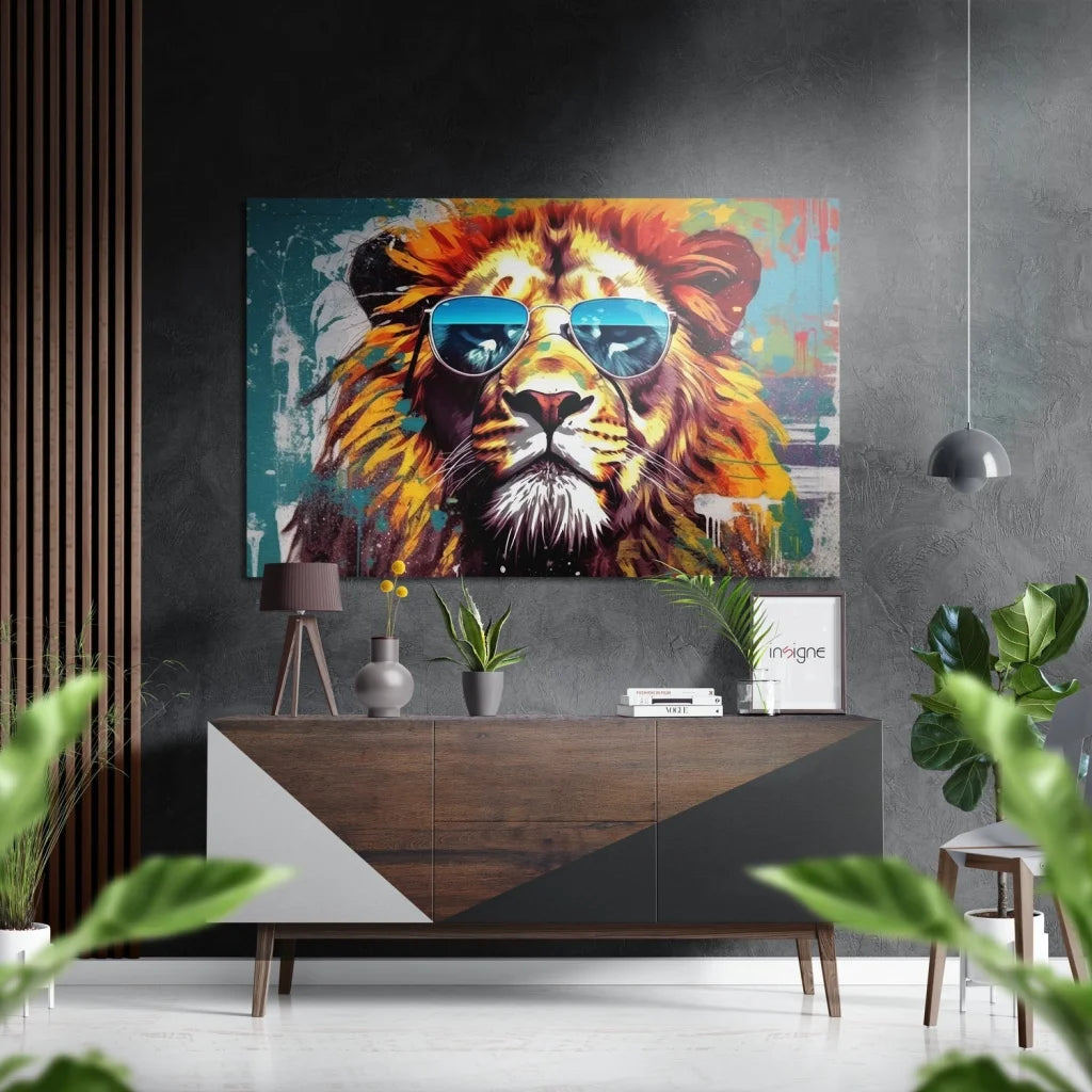 Vibrant graffiti lion in aviators on brushed aluminium dibond print