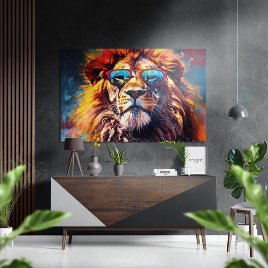 Vibrant lion in red sunglasses on brushed aluminium dibond print
