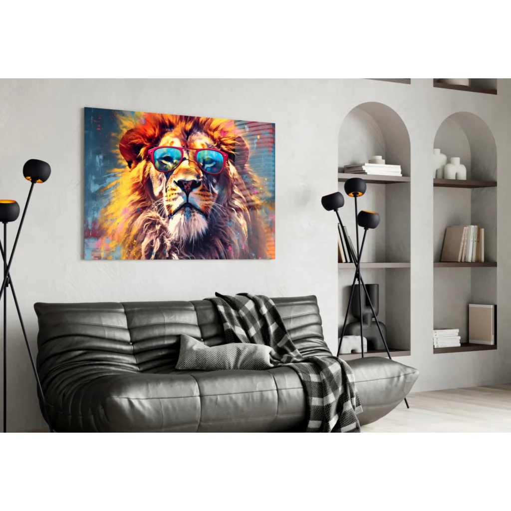 Cool lion wall art with sunglasses on black leather couch