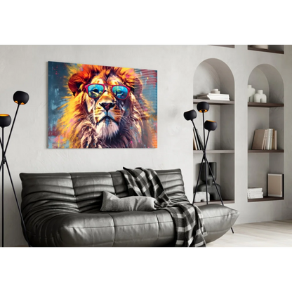 Cool lion wall art with sunglasses on black leather couch