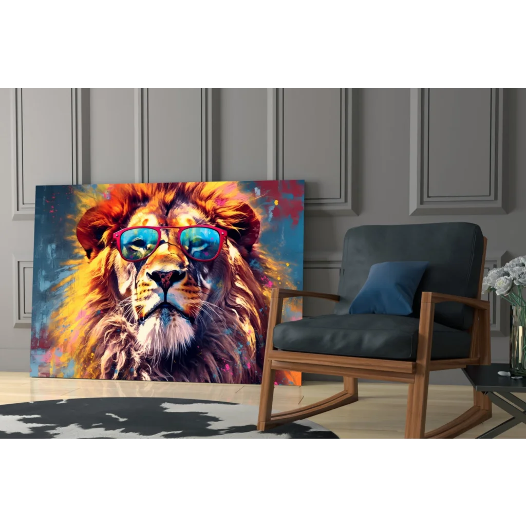 Cool lion canvas wall art with blue sunglasses and vibrant fur