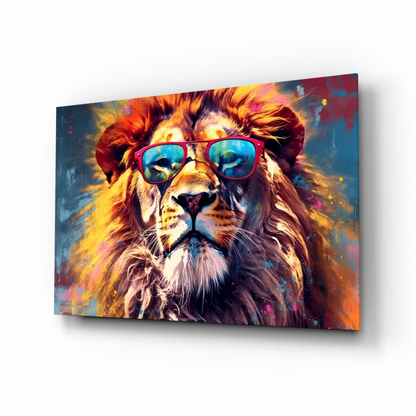 Cool lion wall art print with sunglasses on vibrant abstract background