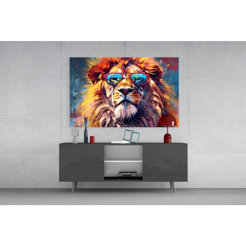 Cool lion wall art print with sunglasses in vibrant orange and blue