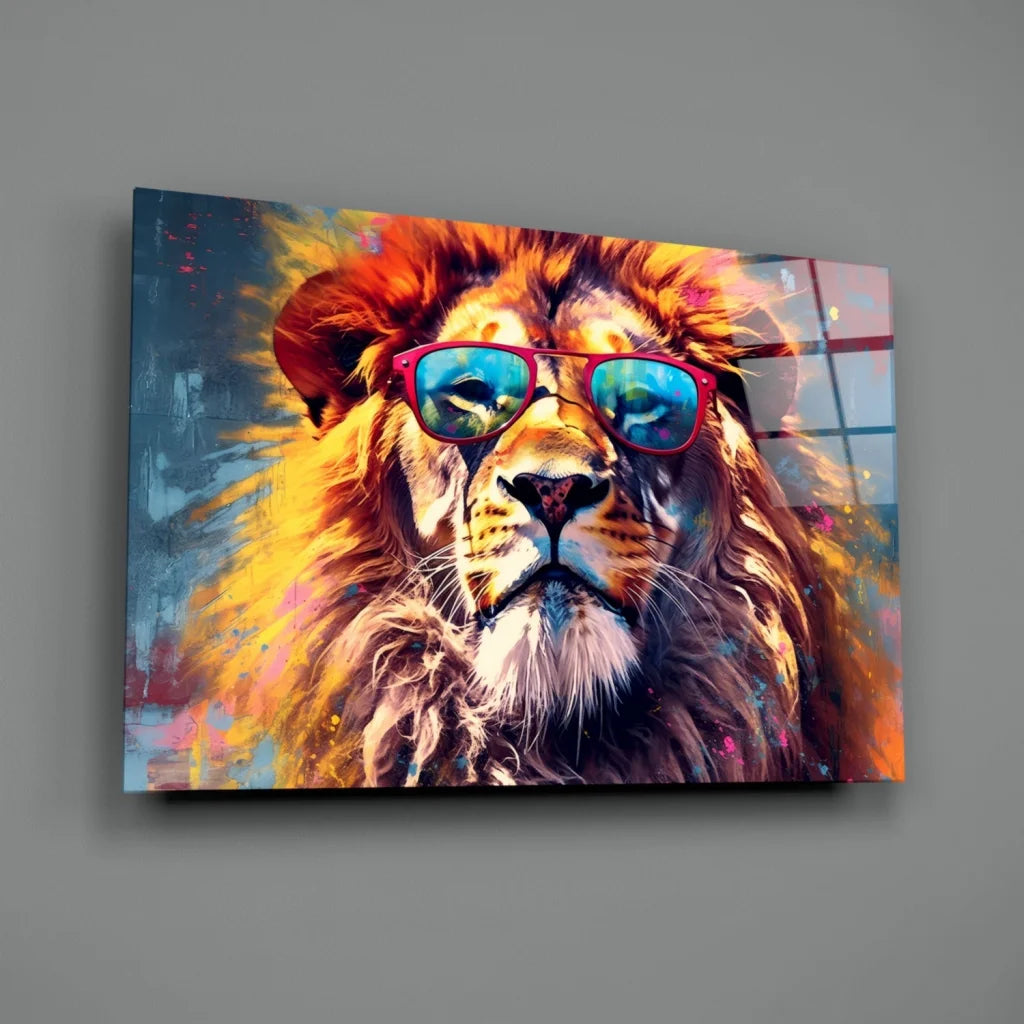 Cool lion wall art print with sunglasses in vibrant hues