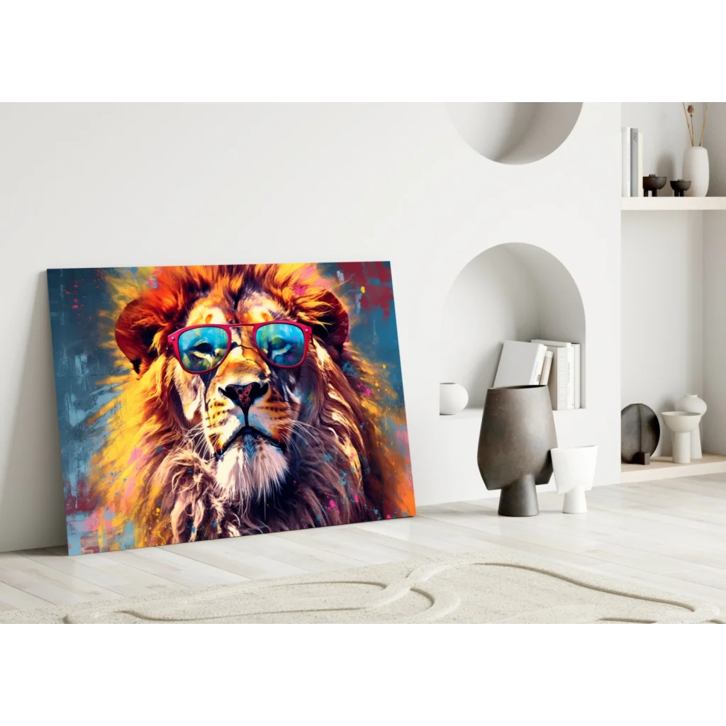 Cool lion in sunglasses canvas wall art print, vibrant modern design