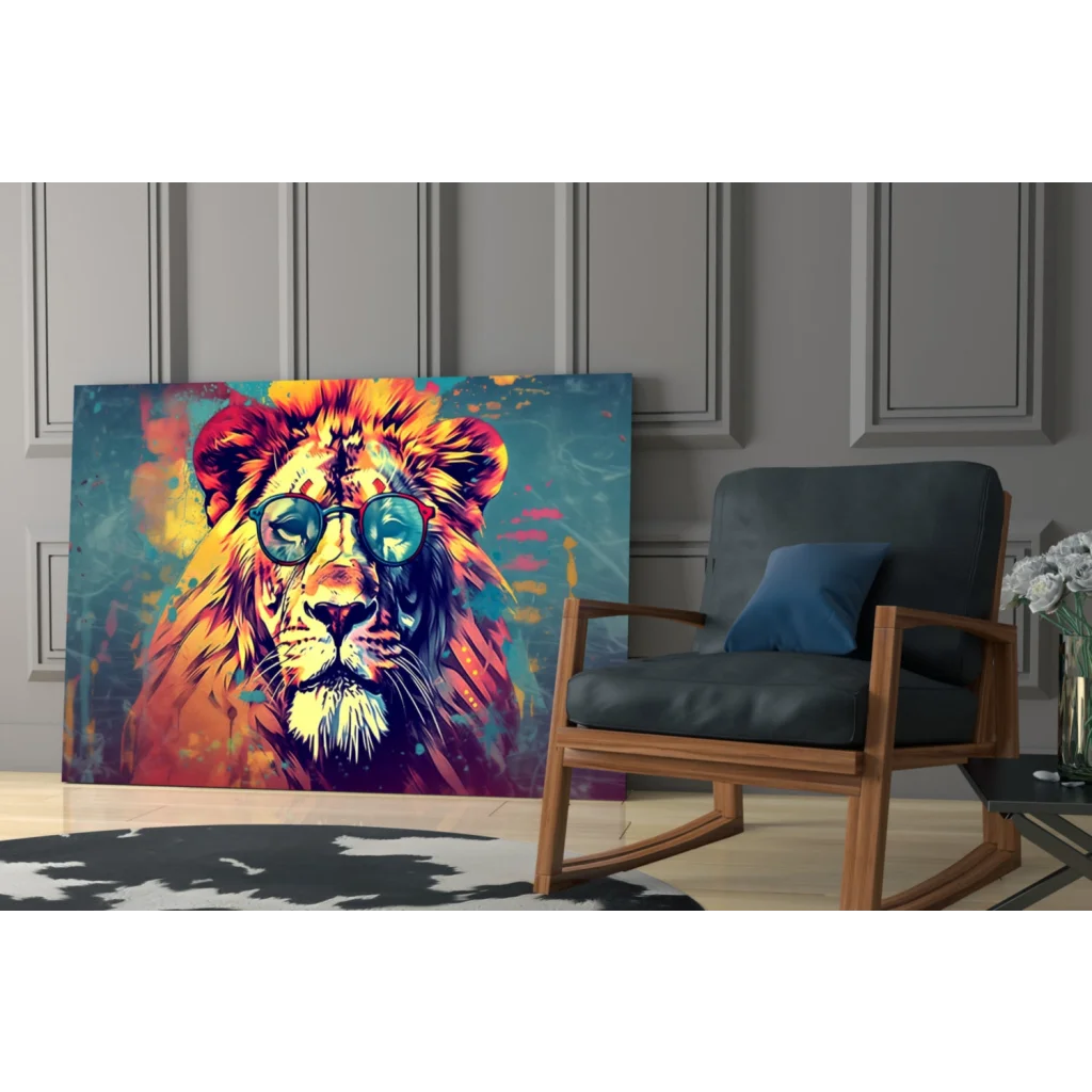 Vibrant pop-art lion in sunglasses on glass wall art print