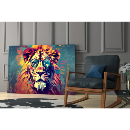 Vibrant pop-art lion in sunglasses on glass wall art print