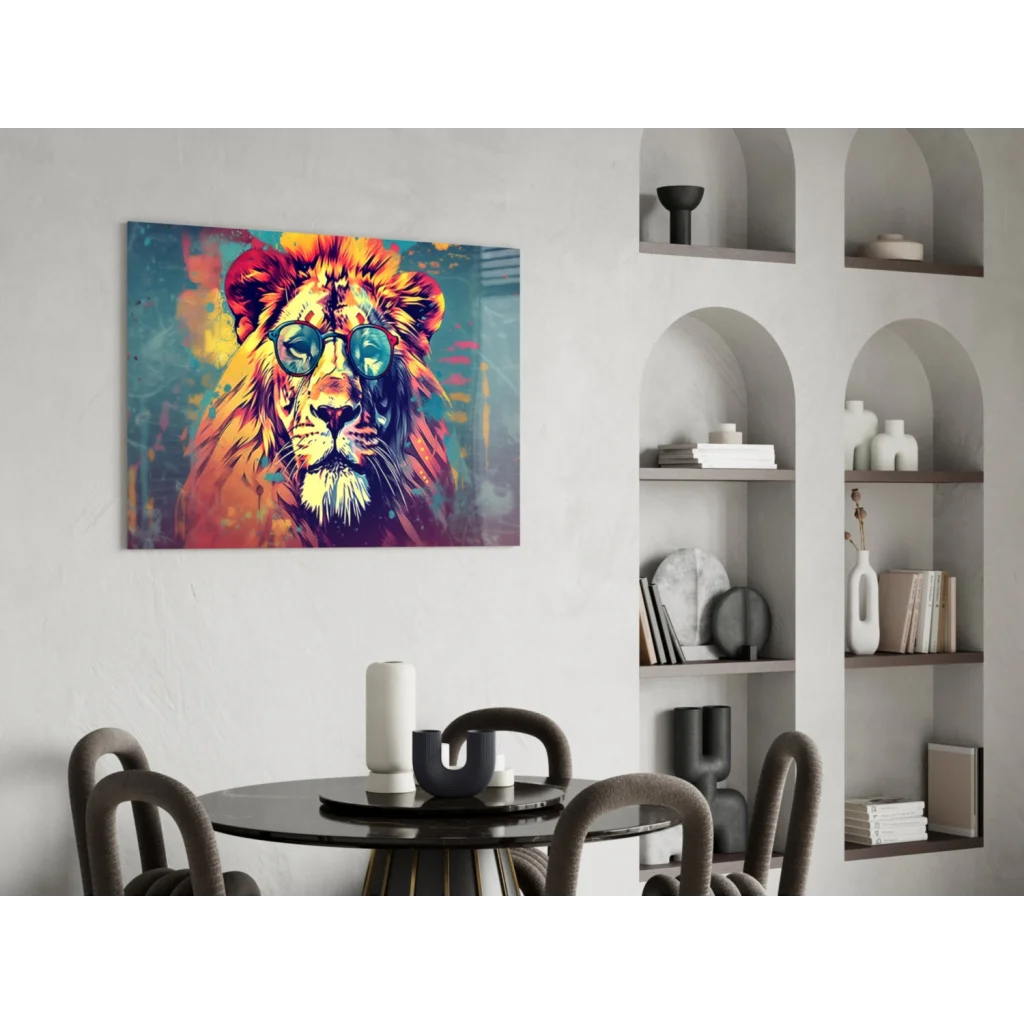 Vibrant pop-art lion with sunglasses in orange and teal on glass wall art