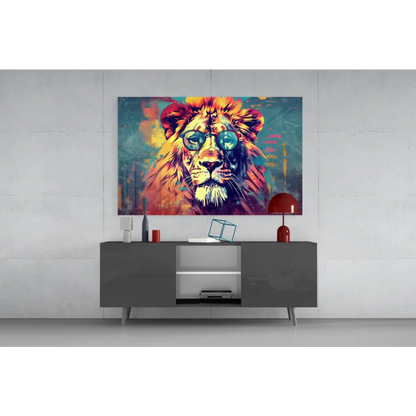 Vibrant pop-art lion in sunglasses on glass wall art print