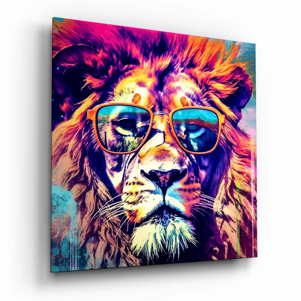 Vibrant tempered glass art with bold neon lion pop design