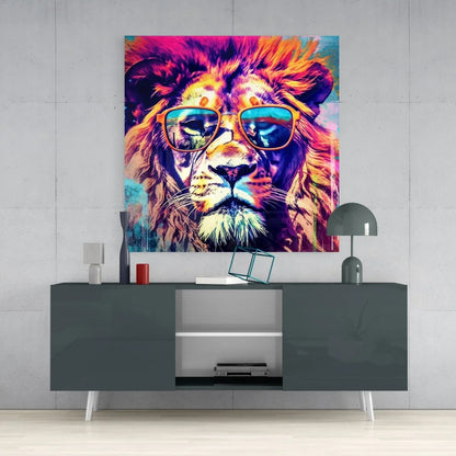 Vibrant tempered glass art of neon lion in sunglasses