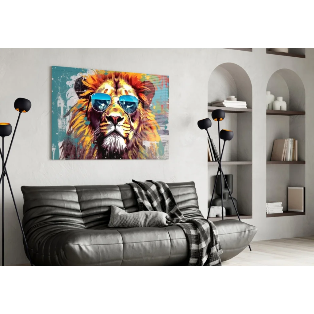 Cool lion pop art wall art canvas with blue shades on teal background