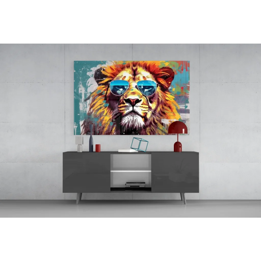 Cool lion pop art wall art canvas with blue shades and vibrant fur