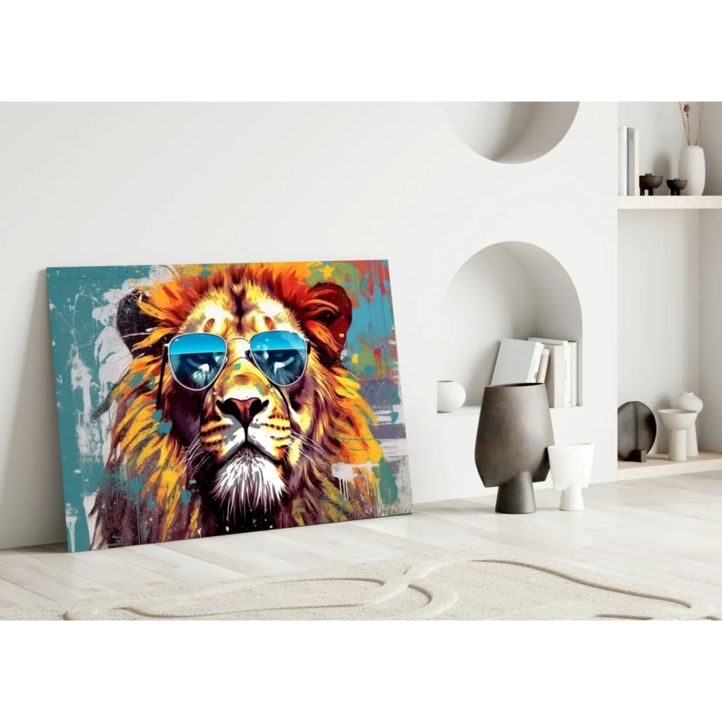 Cool lion pop art wall art canvas with blue shades